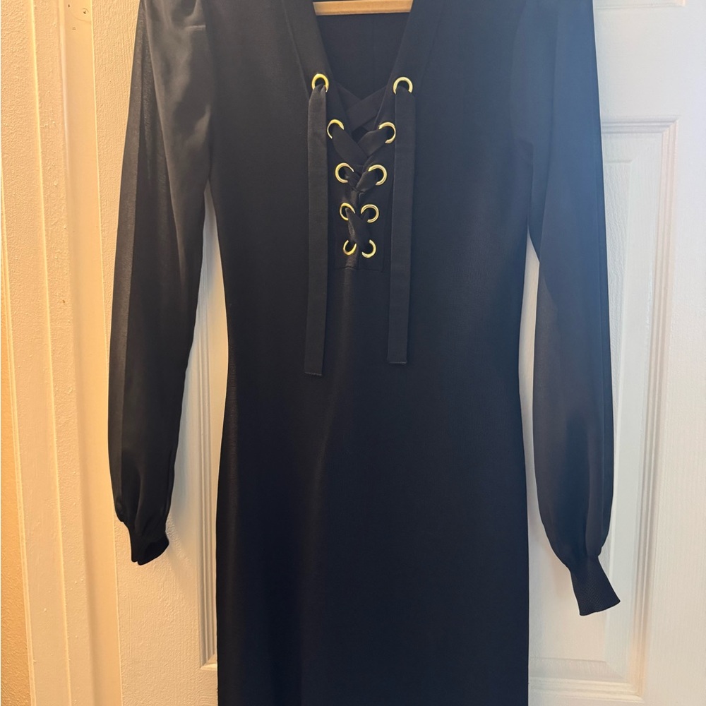 INC International Concepts Black Lace-Up Long Sleeve Dress